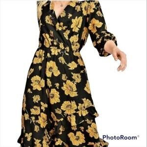 Reset by Jane Black Yellow Gold Floral Ruffle Dress Size Medium